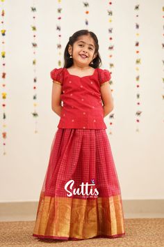 Pattu Pavadai Kids Blouse Designs, Pavadai Sattai Designs, Yellow Blouse Designs, Pattu Pavadai Designs, Pavadai Sattai, Cotton Frocks For Kids, Half Sarees