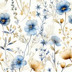 Wynn Wallpaper - Painted Paper Beautiful Blue Bedrooms, Delicate Floral Wallpaper, Blue Wallpaper Office, Blue Country Wallpaper, Bedroom Wallpaper Ideas Modern, Blue Watercolor Flowers, Blue Floral Wallpaper, Woodland Wallpaper, Floral Bathroom