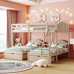 a child's bedroom with two bunk beds and a teddy bear on the floor