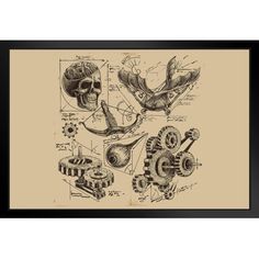 an old drawing of gears and wheels in black framed art print by artist mark taylor