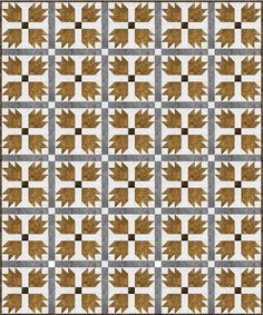 a quilt made with brown and white squares, leaves on the side in different sizes