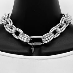 "LARGE CHUNKY CHAIN NECKLACE * Chic and trending chain necklace for a big bold beautiful look. This is extra large chain and LIGHTWEIGHT for comfortable wear all day and all evening. Links are thick, polished, shiny and are highly resistant to tarnishing. Lead and nickel free. - Thick large double linked silver or gold plated aluminum chain, 1\" L x 1/2\" W - Extra large brass screw carabiner, 37mm x 20mm - Stainless steel spike, 13mm - Or gold stainless steel spike, 13mm - Lead, nickel and cadm Chunky Chain Necklace, Shopping Clothes, Chunky Chain Necklaces, West Point, Double Chain, Pretty Gift, Gold Chain Necklace, Stainless Steel Jewelry, Star Necklace