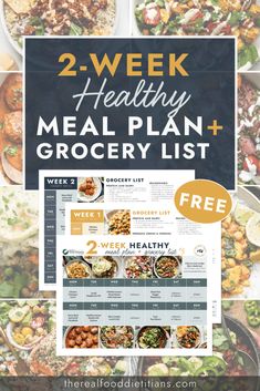 the meal plan and grocery list for 2 - week healthy meal plans with free printables