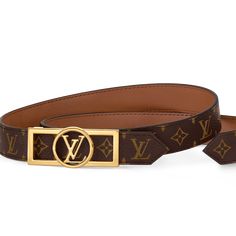 LOUIS VUITTON® - Dauphine 25mm Reversible Belt - Tan Lv Belts Women, Lv Belt Women, Louis Vuitton Dauphine, Belt Louis Vuitton, Logo Lv, Luxury Brown Belt With Gold-tone Logo Plaque, Mm Monogram, Luxury Brown Belts With Gold-tone Hardware, Reversible Belt