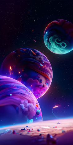 three planets floating in the sky next to each other on a purple and blue background