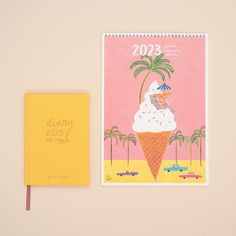 an ice cream cone with a palm tree on top next to a calendar