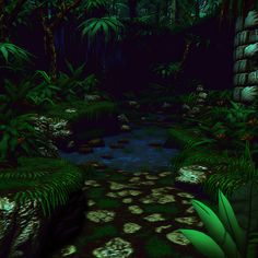 an image of a jungle scene with green plants and rocks on the ground in the dark