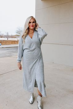 Introducing the must-have for chilly days - our Seasons Best Grey Sweater Dress! A cozy and chic addition to your wardrobe, this dress combines the warmth of a sweater with the style of a dress. Perfect for any occasion, this dress will keep you looking effortlessly stylish. Casual Knit Dress For Winter, Knit Dress For Winter Day Out, Soft Knit Fall Dresses, Soft Knit Dresses For Fall, Soft Knit Long Sleeve Winter Dress, Knit Sweater Dress For Winter Day Out, Winter Soft Knit Long Sleeve Dress, Long Sleeve Winter Loungewear Dresses, Casual Soft Knit Winter Dresses