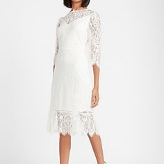 Nwt!! Beautiful Lace Ruffle Hem Dress Knee-length Scalloped Lace Midi Cocktail Dress, Feminine Formal Midi Dress With Scalloped Lace, Elegant Spring Dresses With Scalloped Lace, Elegant Scalloped Lace Dresses For Spring, Knee-length Midi Dress With Lace Trim For Cocktail, Knee-length Lace Trim Midi Dress For Cocktail, Elegant Lace Mini Dress For Brunch, Elegant Mid-length Dresses For Garden Party, White Mid-length Party Dress