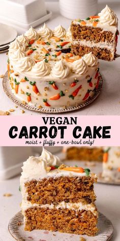 a carrot cake with white frosting and sprinkles on top is cut into pieces