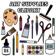 art supplies clipart with the words art supplies in black and white text below it