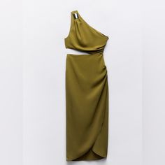 This Is A Timeless Piece That Works Perfectly For Any Event - Weddings, Bridesmaid Outfit, Vacation Fit, You Name It! Definitely A Must Have In Your Wardrobe Dress With Asymmetric Neckline And Gold Appliqu At Shoulder. Opening At Waist With Ruching. Side Hidden In-Seam Zip Closure. Olive Green | 3897/158 Spring Wedding One-shoulder Asymmetrical Dress, Asymmetrical Ruched Dress For Parties, Asymmetrical Ruched Dresses For Party, Party Dresses With Asymmetrical Ruched Skirt, Summer Maxi Dress With Asymmetrical Neckline For Dinner, Summer Dinner Maxi Dress With Asymmetrical Neckline, Summer Dinner Dress With Asymmetrical Neckline, Asymmetrical Ruched Dress For Wedding, Summer Asymmetrical Maxi Dress For Dinner