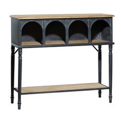 a black and wood shelf with two shelves on each side, in front of a white background