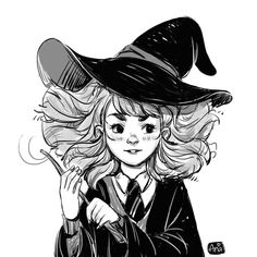 a drawing of a girl wearing a witches hat