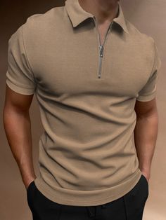 Khaki Casual Collar Short Sleeve Fabric Plain  Embellished Medium Stretch Summer Men Tops Business Casual Polo Shirt, Shirt For Boyfriend, Polo Shirt Outfit Men, Business Casual Polo, Polo Shirt Collar, Polo Shirt Outfits, Shirt Outfit Men, Khaki Shirt, Zip Polo