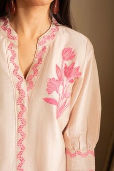 Pink straight kurta featuring floral embroidered front, placket and sleeve cuff. Paired with an embroidered pant. - Aza Fashions Bollywood Makeup, Embroidery Kurti, Pink Kurta, Simple Saree Designs, Luxury Pret, Simple Kurta Designs, Pant For Women, Embroidery On Kurtis, Kurti Embroidery Design