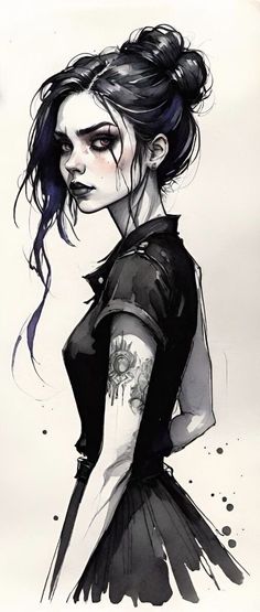 a drawing of a woman with black hair and tattoos on her arm, wearing a dress