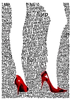 a pair of red high heeled shoes sitting on top of a white background with words all over it