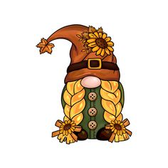 an image of a gnome with sunflowers on his head and long blonde hair