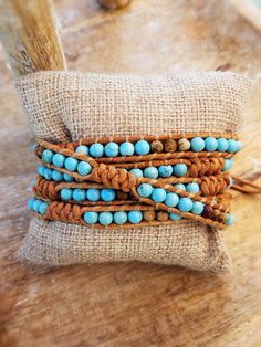 Wrap Bracelet - Magnesite & Jasper on Leather - Summer Indigo Snake Knot, Wrap Armband, Diy Leather Bracelet, Boho Wrap Bracelet, Beaded Wrap Bracelets, Braided Leather Bracelet, Beaded Wraps, Boho Diy, Hippie Jewelry