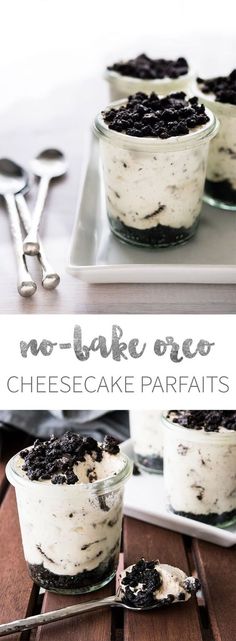 no - bake oreo cheesecake parfaits in glass bowls with spoons