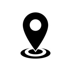 a black and white map pointer icon with an arrow pointing to the right on a white background