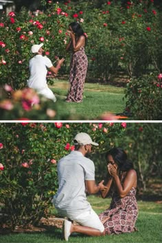 a man kneeling down next to a woman on top of a lush green field filled with flowers