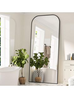 a large mirror sitting on top of a bathroom counter next to a bathtub and potted plant