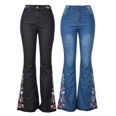 Women Jeans, Flare Denim Jeans, Flower Jeans, Bootleg Jeans, Embroidered Jeans, Flower Power Jeans, Hippy Jeans. Vintage, Women Embroidery Destoryed Flare Jeans, Button Waist Bell Bottom Denim Pants. Transform yourself back to the seventies with these flower power, hippy style jeans. Soft, comfortable and form fitting with classic 5-pocket design, zip fly and button closure, these sexy jeans hug your curves in all the right places. With their vintage wide leg and funky cool bell bottom tie up de Hippy Jeans, Hippie Jeans, Western Stuff, Hippy Style, Flower Jeans, Bootleg Jeans, Women Embroidery, Flare Denim Jeans, Suits Clothing