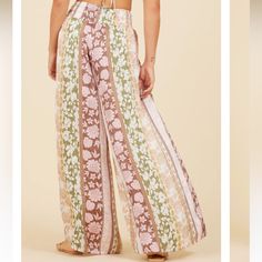 Multi Colored Tropical Flowy Pants Bohemian Brown Bottoms For Vacation, Bohemian Brown Bottoms For Summer, Wide Leg Boho Print Pants For Vacation, Bohemian Brown Pants For Vacation, Bohemian Style Brown Pants For Vacation, Beige Beach Pants With Loosely Fitted Hips, Hippie Style Wide Leg Brown Bottoms, Brown Wide Leg Hippie Bottoms, Beige Loosely Fitted Pants For Beach