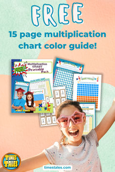 text reads: free 1 page multiplication chart printable pack; image shows times tables printable pack graphic and 9 year old student excited about learning multiplication