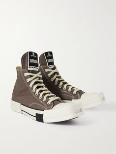 This 'TURBODRK' iteration of Converse's iconic 'Chuck 70' sneakers feature all the hallmarks you know and love plus a few of Rick Owens' off-kilter tweaks, note the exaggerated tongues and distinct squared toes. They're made from canvas dyed in the American designer's signature 'Dust' grey. Converse Drkshdw, Rick Owens Converse, Rick Owens Collection, Love Plus, Chuck 70, American Design, Mr Porter, Rick Owens, High Top