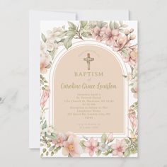 Beautiful Pink Evergreen Flower Catholic Baptism Evergreen Flowers, Baptism Invitation