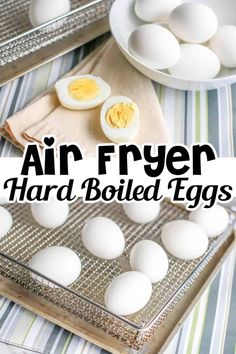 air fryer hard boiled eggs on a baking sheet with text overlay that reads, air fryer hard boiled eggs