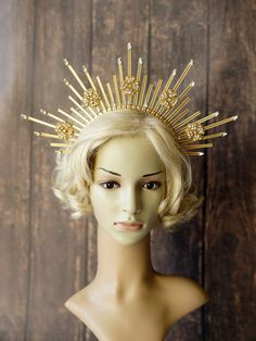 Gold Halo Crown, Fashion Headband Goddess headdress Halo Crown Star Crystal Rhinestone Gold Halo Spiked Headpiece Sunburst Crown gift Flapper Headpiece, Flapper Headband