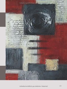 an abstract painting with black, white and red colors