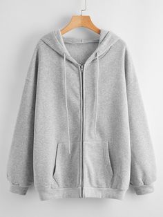 Solid Zip Up Drawstring Hooded Sweatshirt | EMERY ROSE Women Sweatshirts, Lined Hoodie, Hoodie Outfit, Zip Up Hoodies, Drawstring Hoodie, Trendy Fashion Women, Grey Sweatshirt, Gray Jacket, Hoodie Jacket