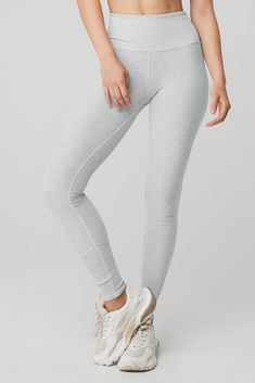 High-Waist Alosoft Lounge Legging - Athletic Heather Grey | Alo Yoga Casual Sports Bottoms With Crossover Waistband, Functional Mid-rise Yoga Pants With Elastic Waistband, Functional 4-way Stretch Alo Yoga Bottoms, Athleisure Gym Bottoms With 5-inch Inseam, Relaxed Fit 5-inch Inseam Sports Activewear, Alo Yoga Relaxed Fit Sports Bottoms, Alo Yoga Compressive Functional Bottoms, Functional Compressive Alo Yoga Bottoms, Versatile Micro-elastic Bottoms By Alo Yoga