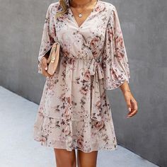 Beige And Pink Tones V Neck Loose Fit Great Wedding Guest Dress Feminine Pink Floral Dress For Wedding, Elegant Pink Chiffon Floral Dress, Feminine Chiffon Floral Dress For Wedding, Elegant Pink V-neck Floral Dress, Elegant Flowy Pink Floral Dress, Elegant Pink Flowy Floral Dress, Spring Wedding Floral Dress With V-neck, Spring Wedding Floral Dress V-neck, Spring Wedding Floral V-neck Dress