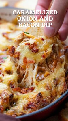 someone is lifting up some food from a casserole dish with bacon and cheese