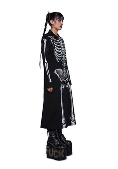 don't get caught in the dead of night… This long trench coat has a twill construction, button closures, and skeleton prints on the front and arms. Neon Clothing, Dead Of Night, Neon Outfits, Skeleton Print, Costume Store, Long Trench, Long Trench Coat, Trench Coat Black, Coat Black