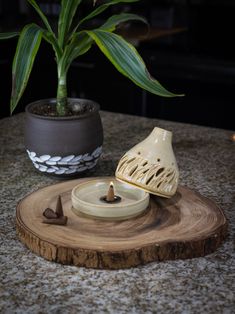 a small white vase sitting on top of a wooden table next to a potted plant