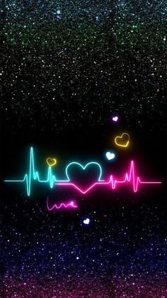 neon hearts and heartbeats on a black background with glittery stars in the foreground