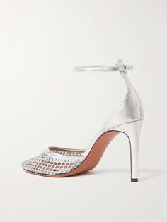 ALAÏA 90 fishnet and metallic leather pumps | NET-A-PORTER Grey Pumps, Adjustable Shoes, Silver Pumps, Designer Pumps, Stiletto Shoes, Patent Leather Pumps, Metallic Leather, Black Pumps, Leather Pumps