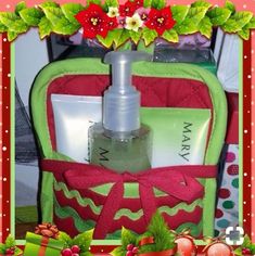 an image of a christmas gift bag with personal care items in it and holly wreaths around the edges