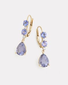 18K Yellow Gold Tanzanite and Iolite Pear Shape Drop Earring with Diamonds, .1 TCW 1 Inch Long x 1/4 Inch Wide Style# YE2RPTIOW Opal Earrings, Bracelet Collection, Drop Earring, Green Tourmaline, Signature Collection, Opal Rings, Pear Shape, Ring Necklace, Pear Shaped