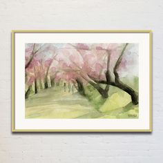 a watercolor painting of people walking down a path lined with pink blossoms on trees