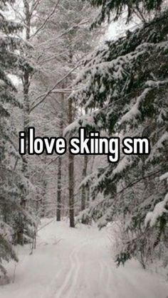 the words i love skiing sm are in front of snow - covered trees and road