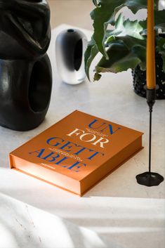 a book sitting on top of a table next to a candle and potted plant