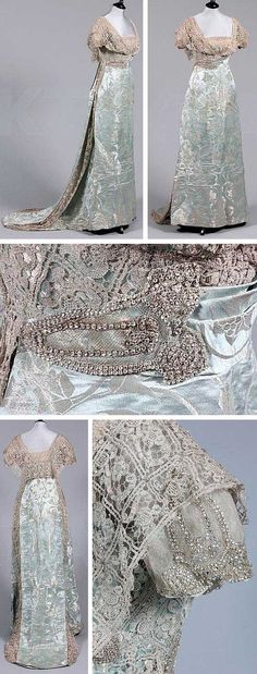 A Reville & Rossiter silver brocaded ice blue satin ball/court gown, circa 1911 Dollar Princesses, Court Gown, Fashion 1910, Gown Blue, 1910s Fashion, Robes Vintage